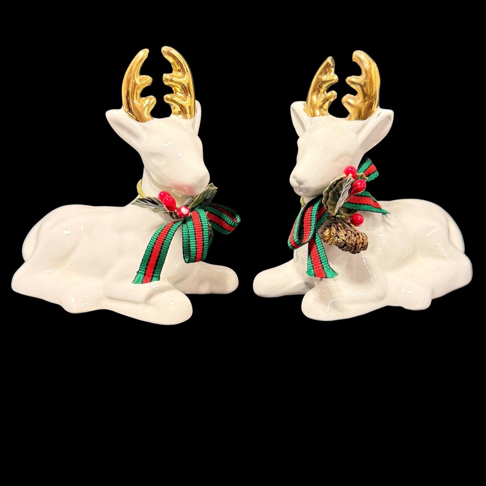 Vintage Style White Ceramic Reindeer Pair Gold Antlers Christmas Holiday Decor